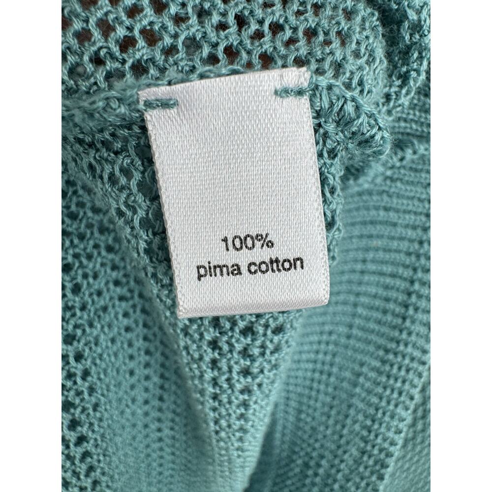 Peruvian Connection cardigan pima cotton M open knit mesh V neck button teal - Picture 6 of 7
